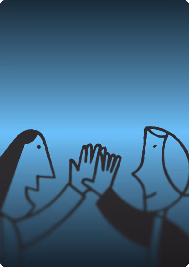 Abstract illustration of two stylized figures giving a high-five against a gradient blue background.